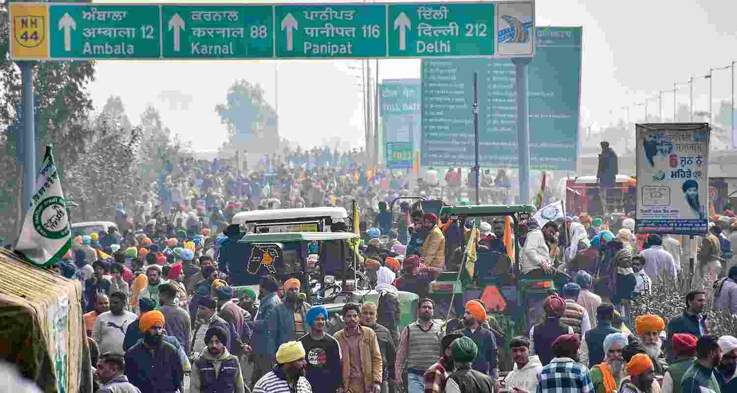 Farmers assemble at the Shambhu border (Punjab-Haryana) for their 'Delhi Chalo' march, near Ambala, Tuesday. 