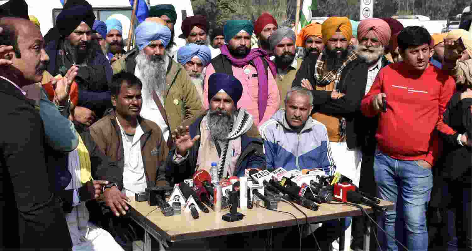 Farmers address the media at the Punjab-Haryana Shambhu border during the second day of their 'Delhi Chalo' march, near Patiala