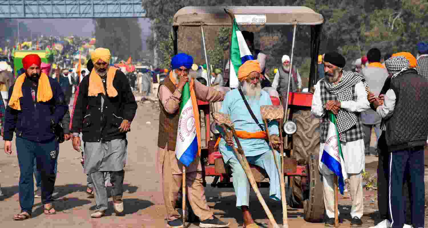 Farmers at the Punjab-Haryana Shambhu border during their 'Delhi Chalo' protest, near Patiala district, Friday, Feb. 16, 2024. Several farmers' unions, including the Samyukta Kisan Morcha (SKM), have called for a Gramin Bharat Bandh or nationwide strike today. 