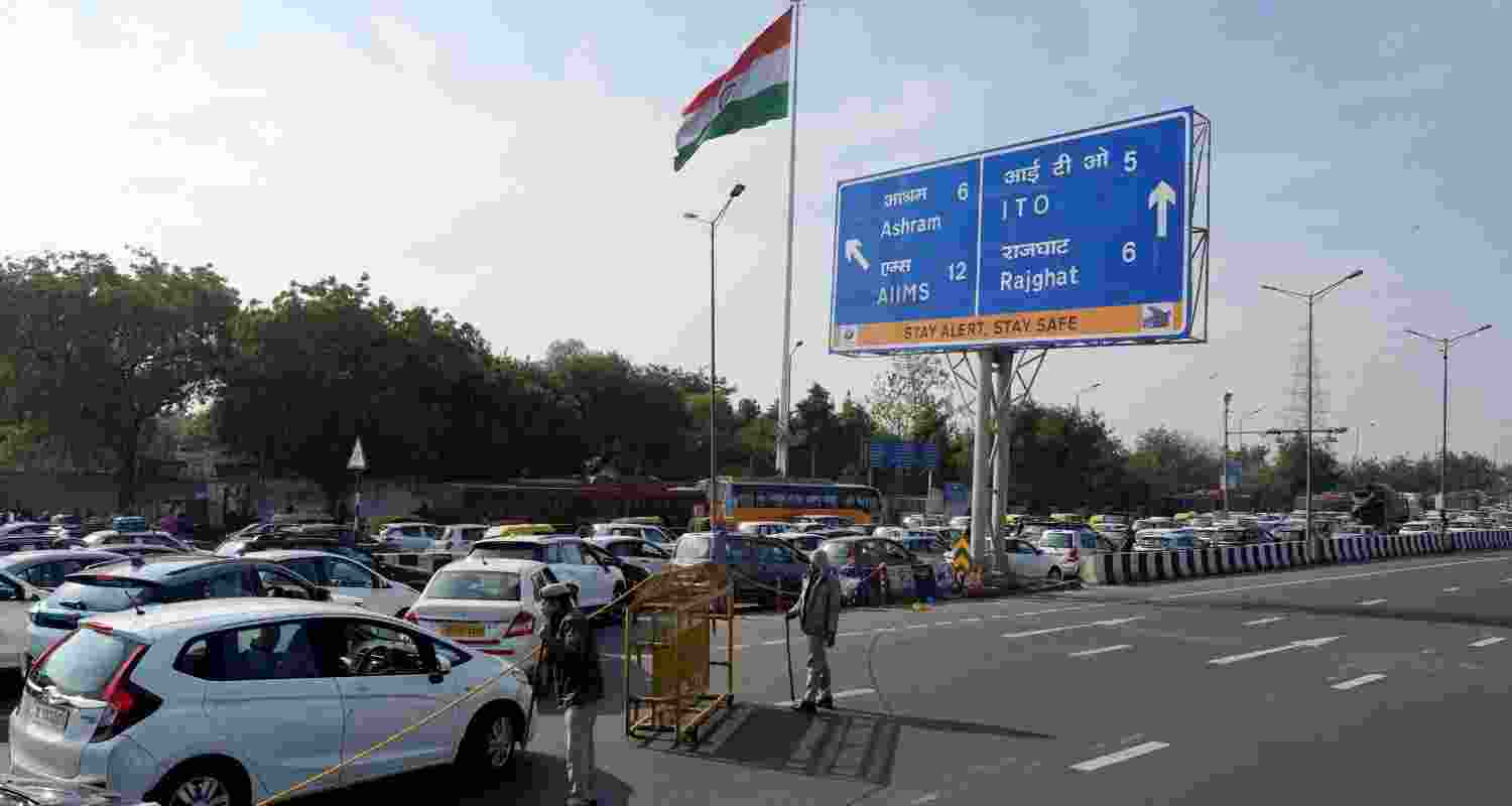 Vehicles stuck in a traffic jam at NH 24 due to a road closure ahead of farmers protest, in New Delhi on Thursday.