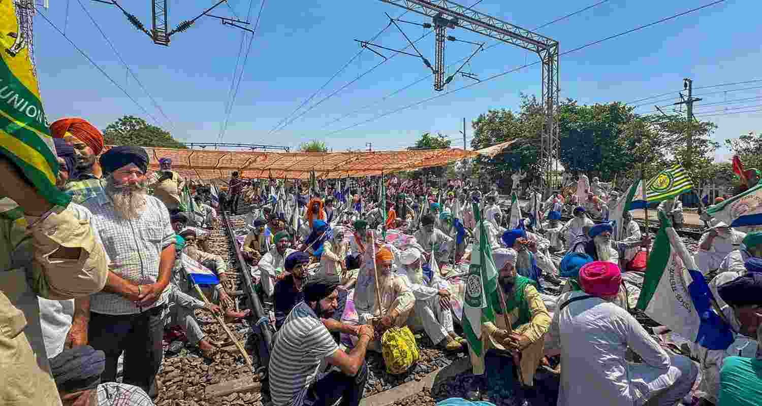Farmers during a protest at the Shambhu border, in Patiala district. 