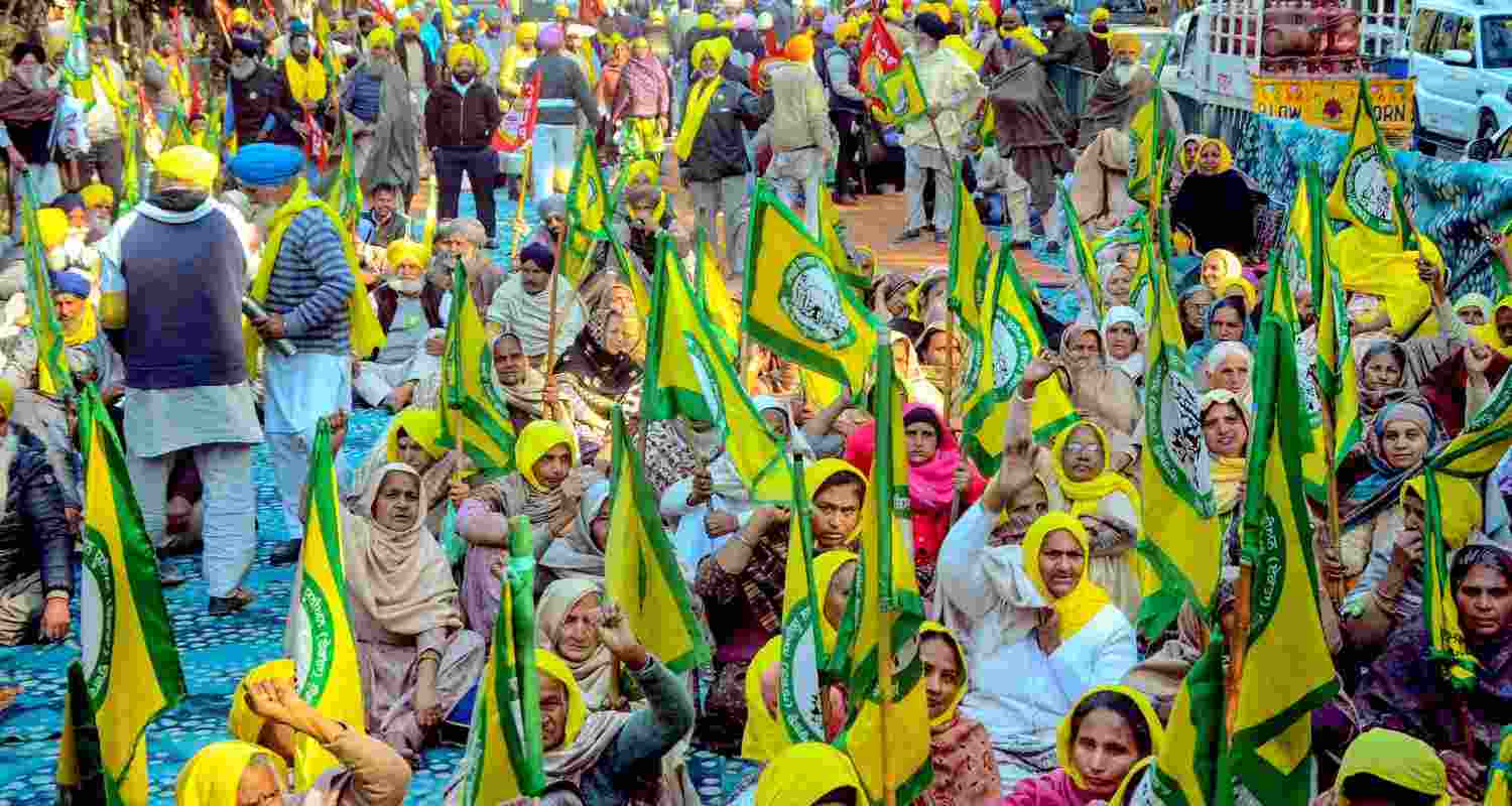 Farmers holding BKU and KMM banners protesting in Patiala, Punjab with yellow flags