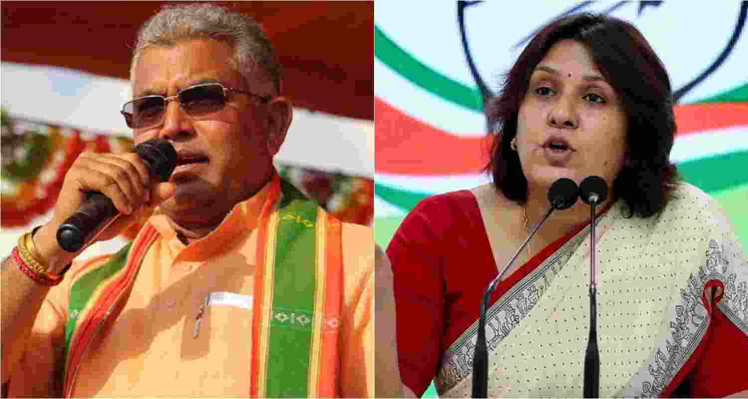 BJP leader Dilip Ghosh (left) and Congress' Supriya Shrinate (right). 