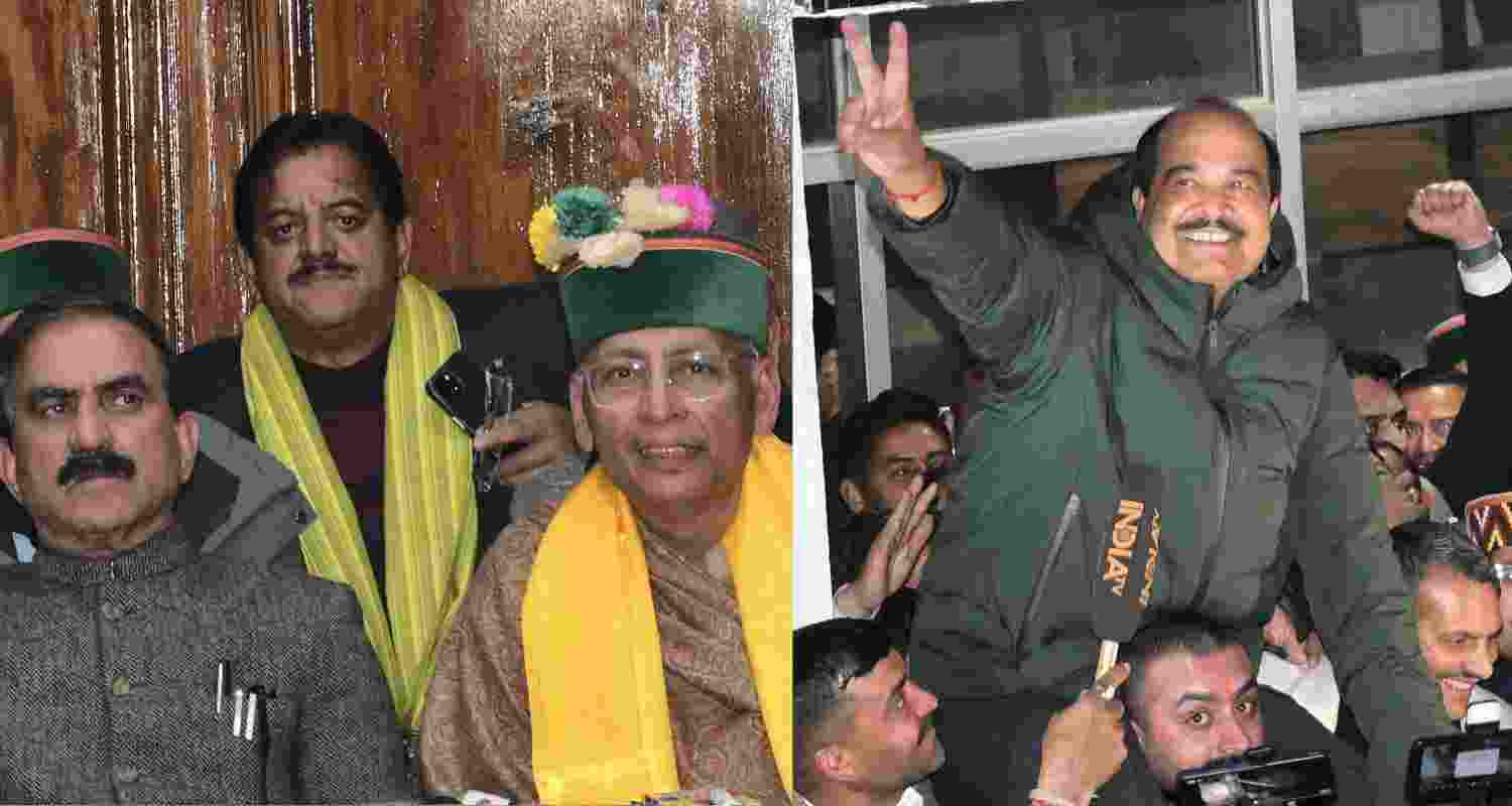 Himachal CM Sukhvinder Singh Sukhu with Abhishek Manu Singhvi (left) and BJP's victorious candidate Harsh Mahajan (right)