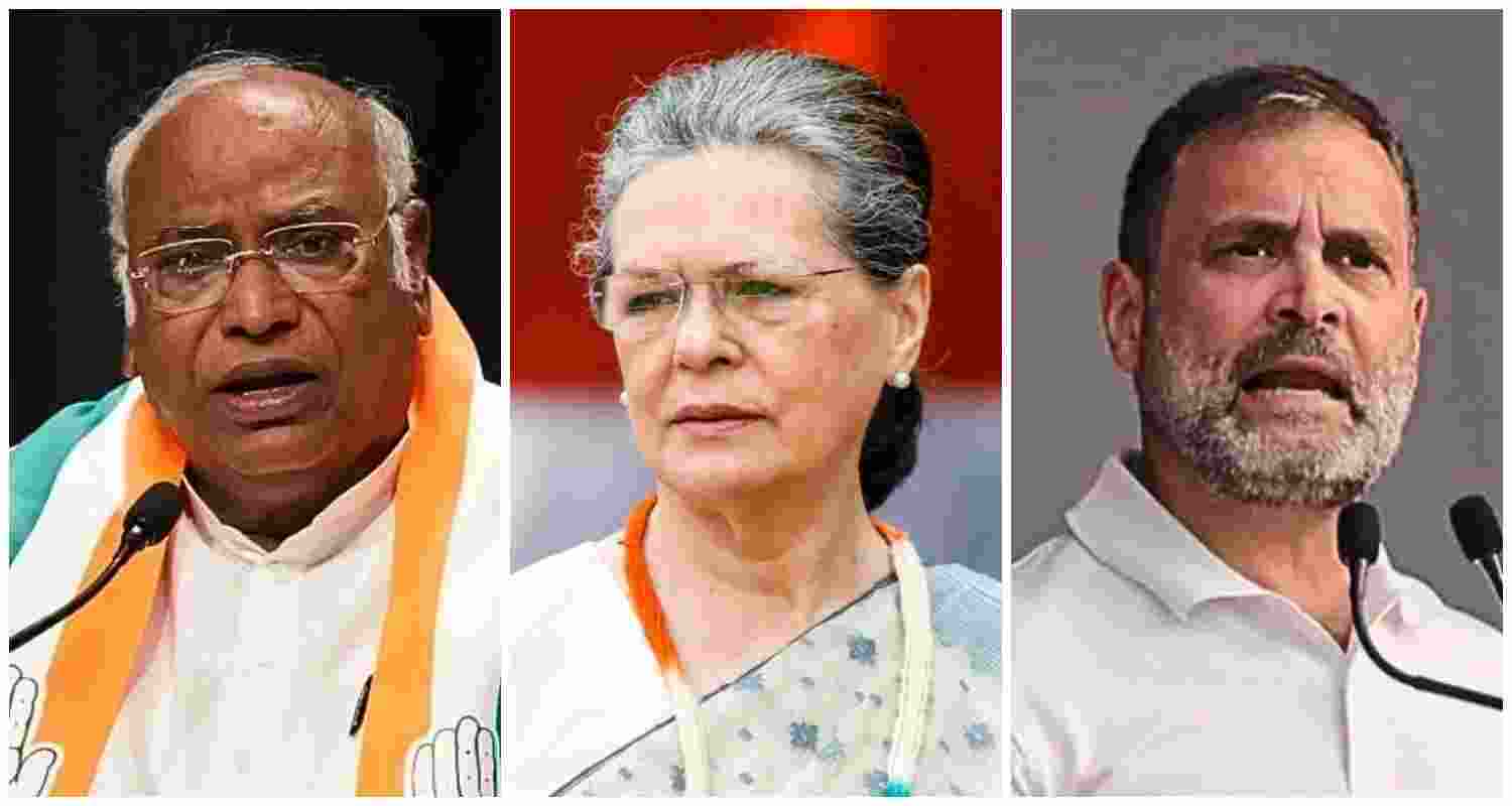 (From left to right) Congress leaders Mallikarjun Kharge, Sonia Gandhi and Rahul Gandhi. 