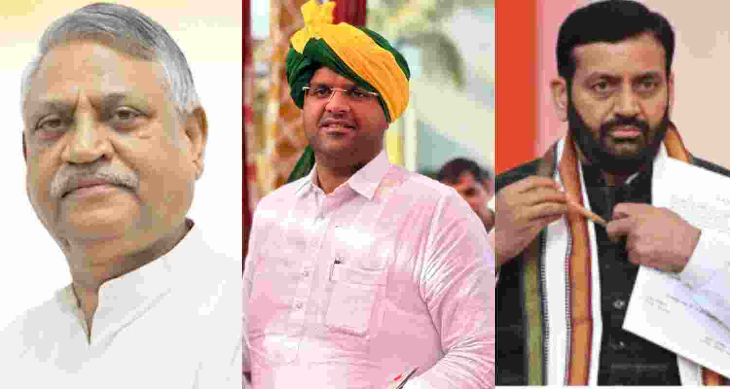 Haryana Congress chief Udai Bhan (left), JJP Leader Dushyant Chautala (centre), Haryana CM Nayab Singh Saini (right). 