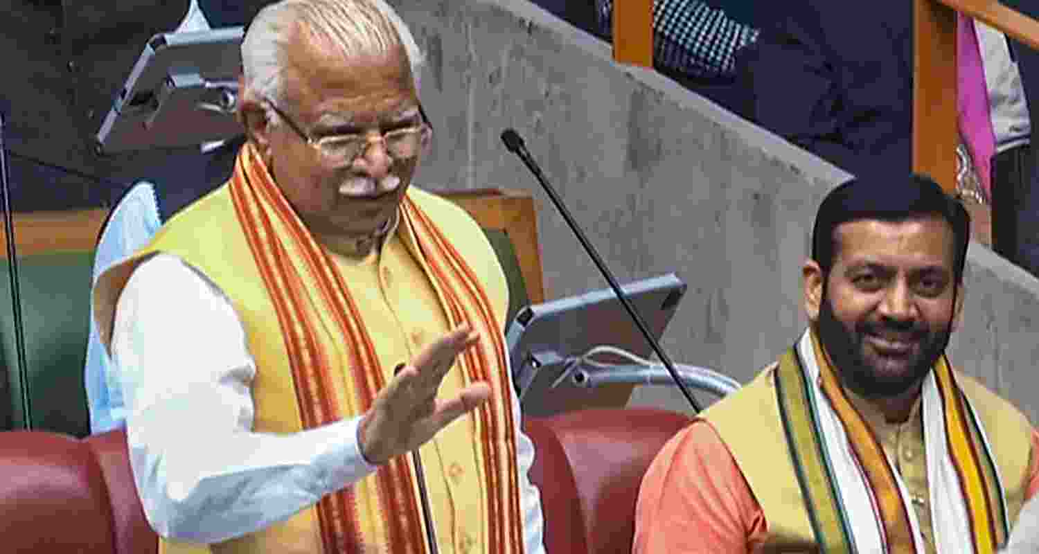 Former Haryana chief minister Manohar Lal speaks in the state assembly during voting on the confidence motion moved by Chief Minister Nayab Singh Saini. 