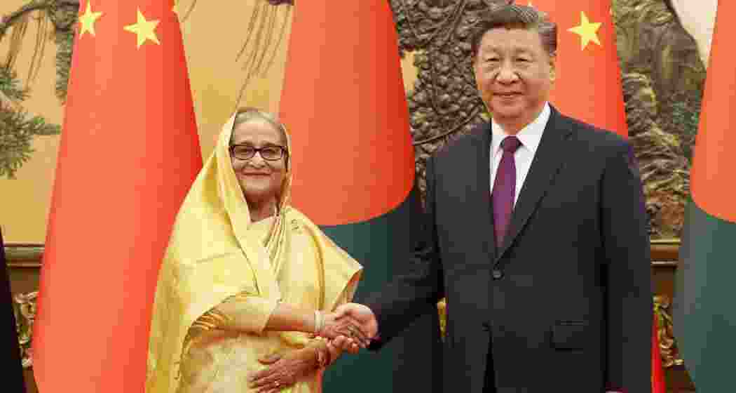 Bangladesh Prime Minister Sheikh Hasina with President Xi Jinping and Chinese Premier Li Qiang in Beijing on Wednesday. 