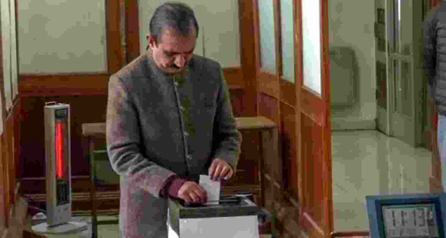 Himachal Pradesh Chief Minister Sukhvinder Singh Sukhu cast his vote for the ongoing Rajya Sabha elections in Shimla on Tuesday. 