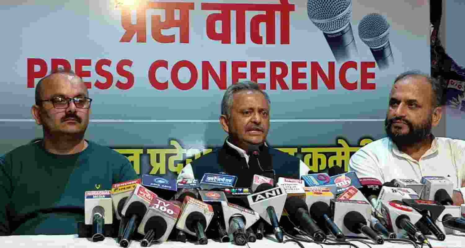 Himachal Pradesh Congress Vice President Naresh Chauhan addressing the media in Shimla.