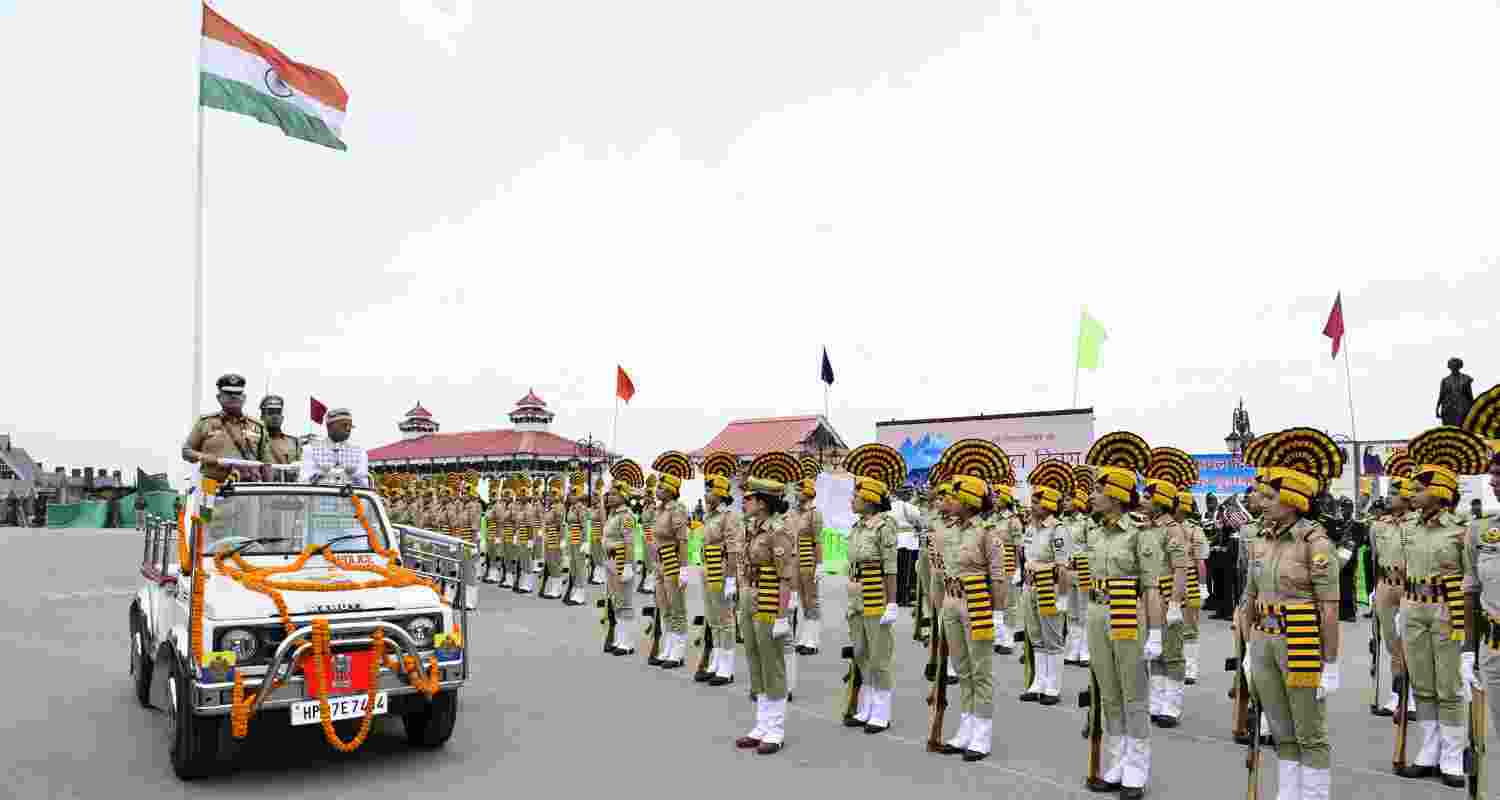 Himachal Pradesh governor Shiv Pratap Shukla salutes troops on 77th Himachal Day.