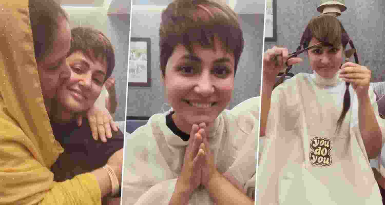 Actor Hina Khan cuts her hair short after her first chemotherapy session.