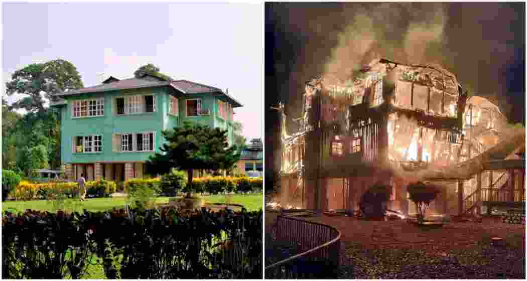 An earlier image of the iconic Hollong bungalow (L). The bungalow engulfed in flames (R).