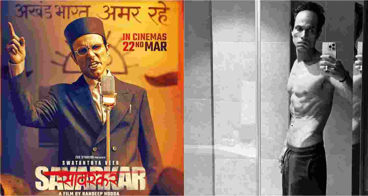 A poster from the movie - Swatantrya Veer Savarkar (left). A physically transformed Randeep Hooda. 