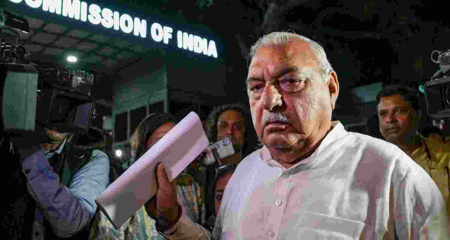 Former Haryana Chief Minister Bhupinder Singh Hooda at the Election Commission's office in New Delhi, Wednesday.