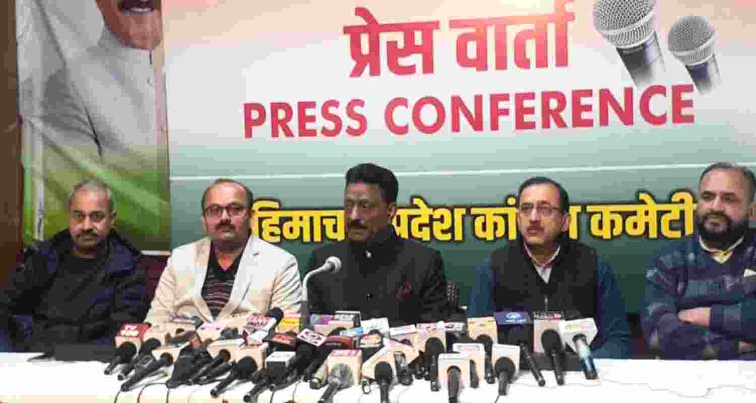 AICC spokesperson from Himachal, Kuldeep Singh Rathore ( middle) addressing a press conference in Shimla today 