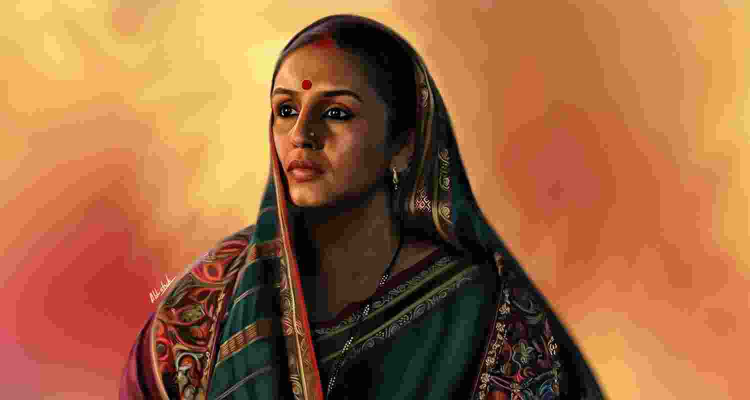 A digital illustration of Huma Qureshi's character Rani Bharti from the show Maharani.