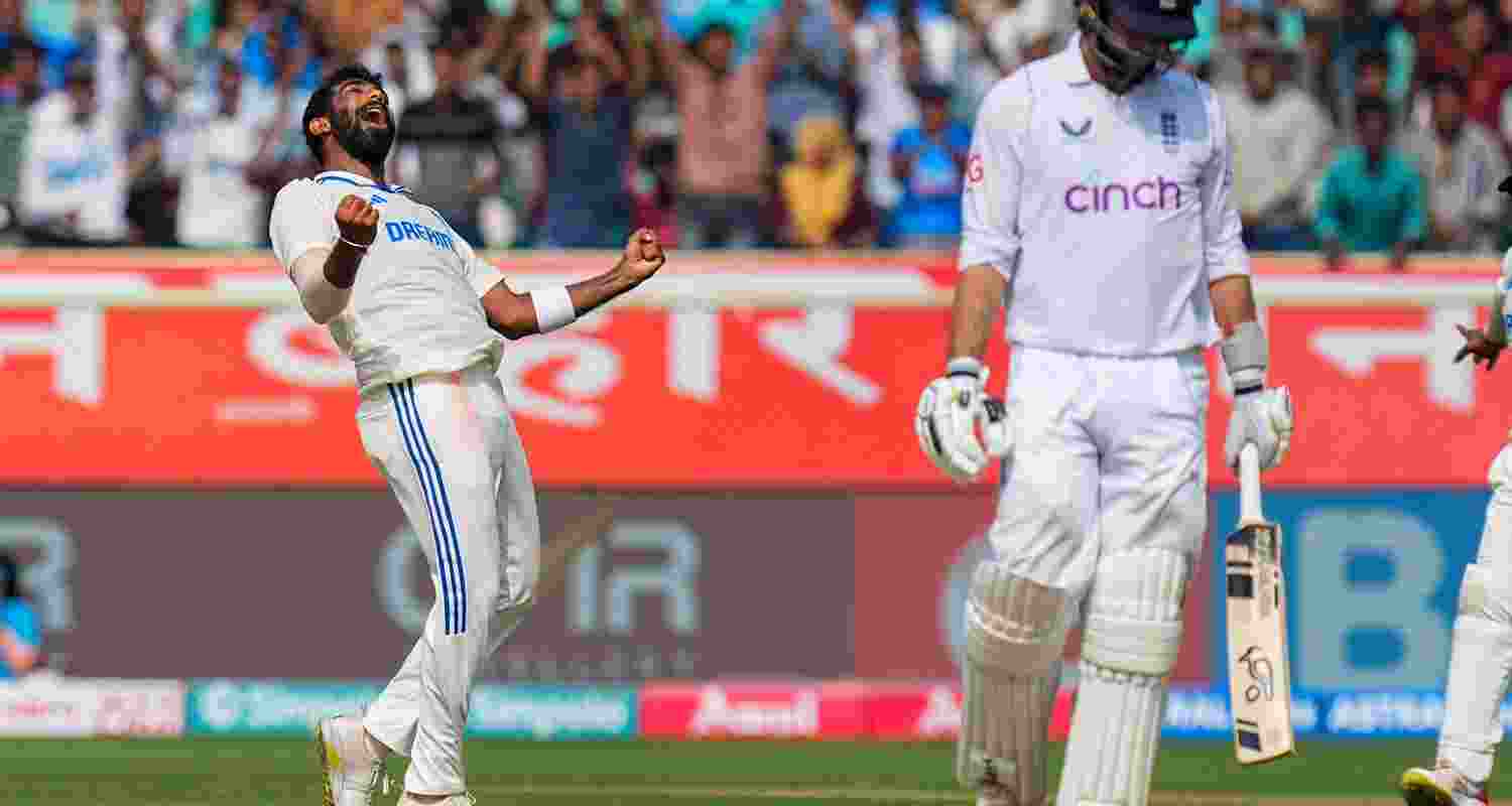 India's bowler Jasprit Bumrah celebrates for the wicket of England's batter Ben Foakes during the fourth day of the second Test match between India and England, at Dr Y.S. Rajasekhara Reddy ACA-VDCA Cricket Stadium, in Visakhapatnam on Monday.