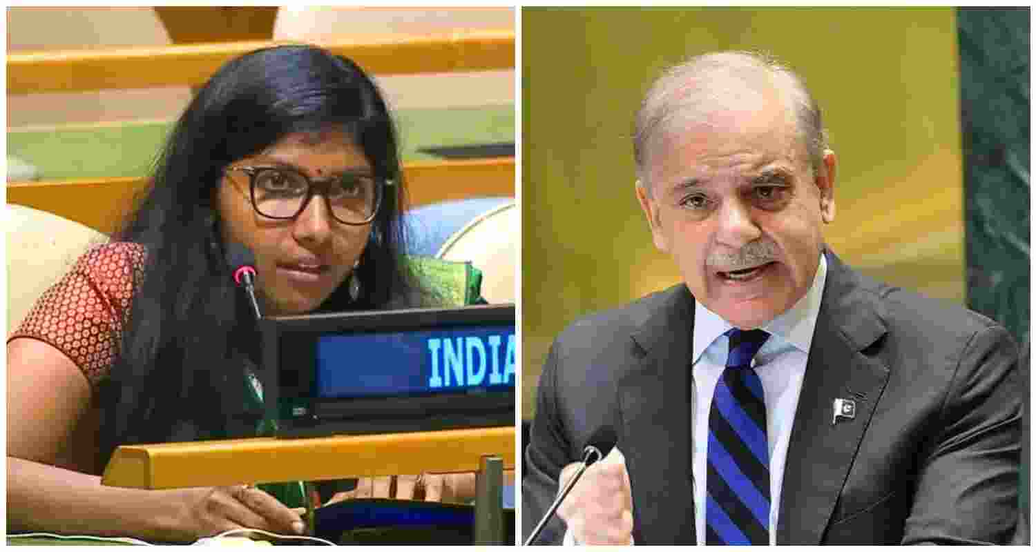 First Secretary at India’s Permanent Mission to the United Nations Bhavika Mangalanandan (L),  Pakistan's Prime Minister Shehbaz Sharif (R) at the 79th UNGA in New York, USA.