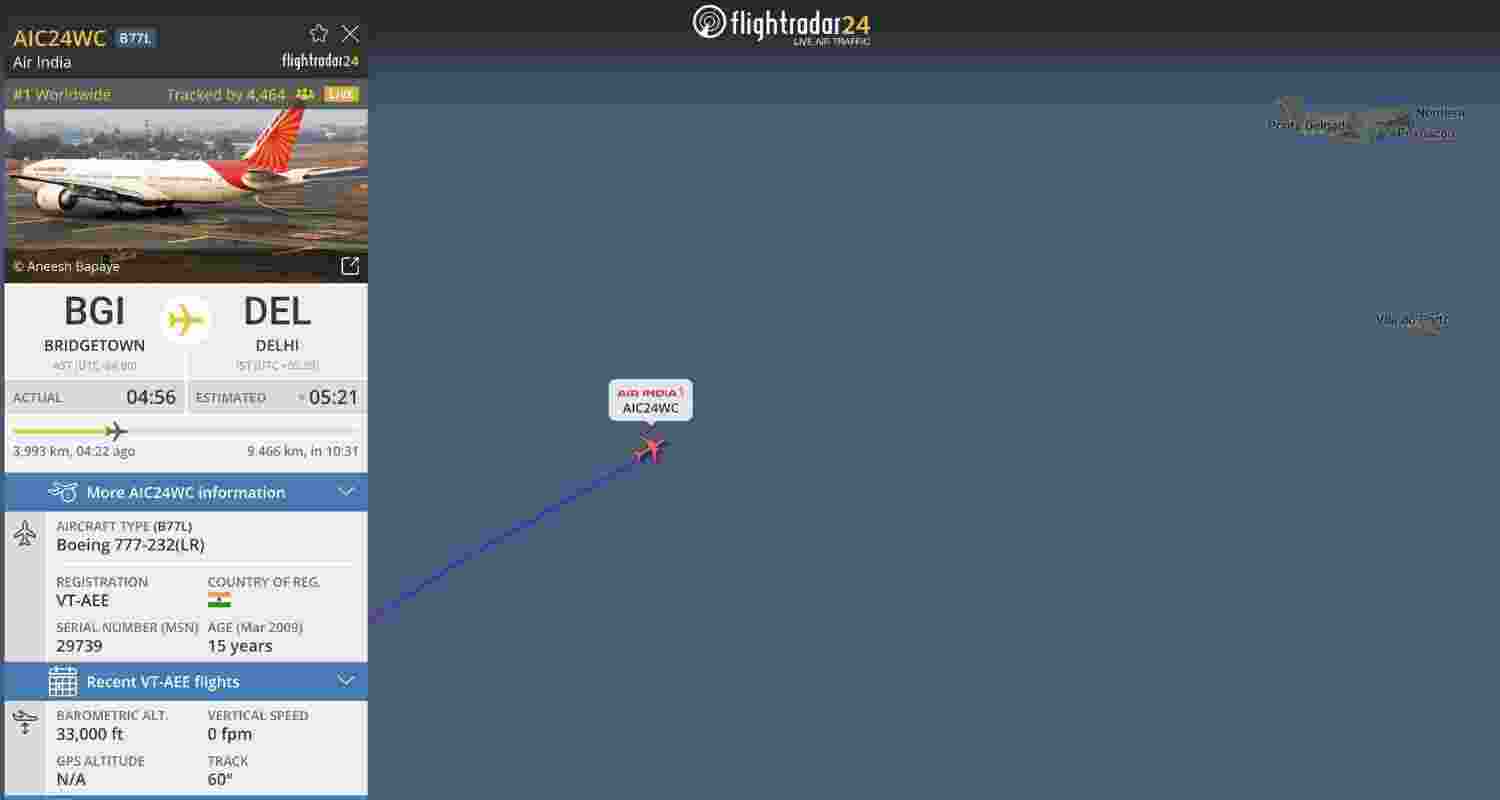 A screenshot of Flightradar24's post, displaying real-time tracking of India's cricket team in flight.