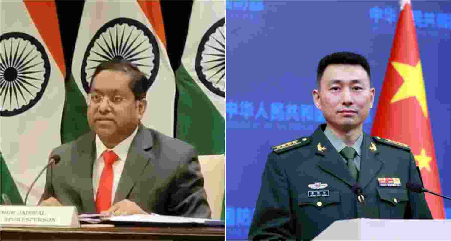 Ministry of External Affairs Spokesperson Randhir Jaiswal (left), spokesperson for the Chinese Defence Ministry Senior Colonel Zhang Xiaogang (right)
