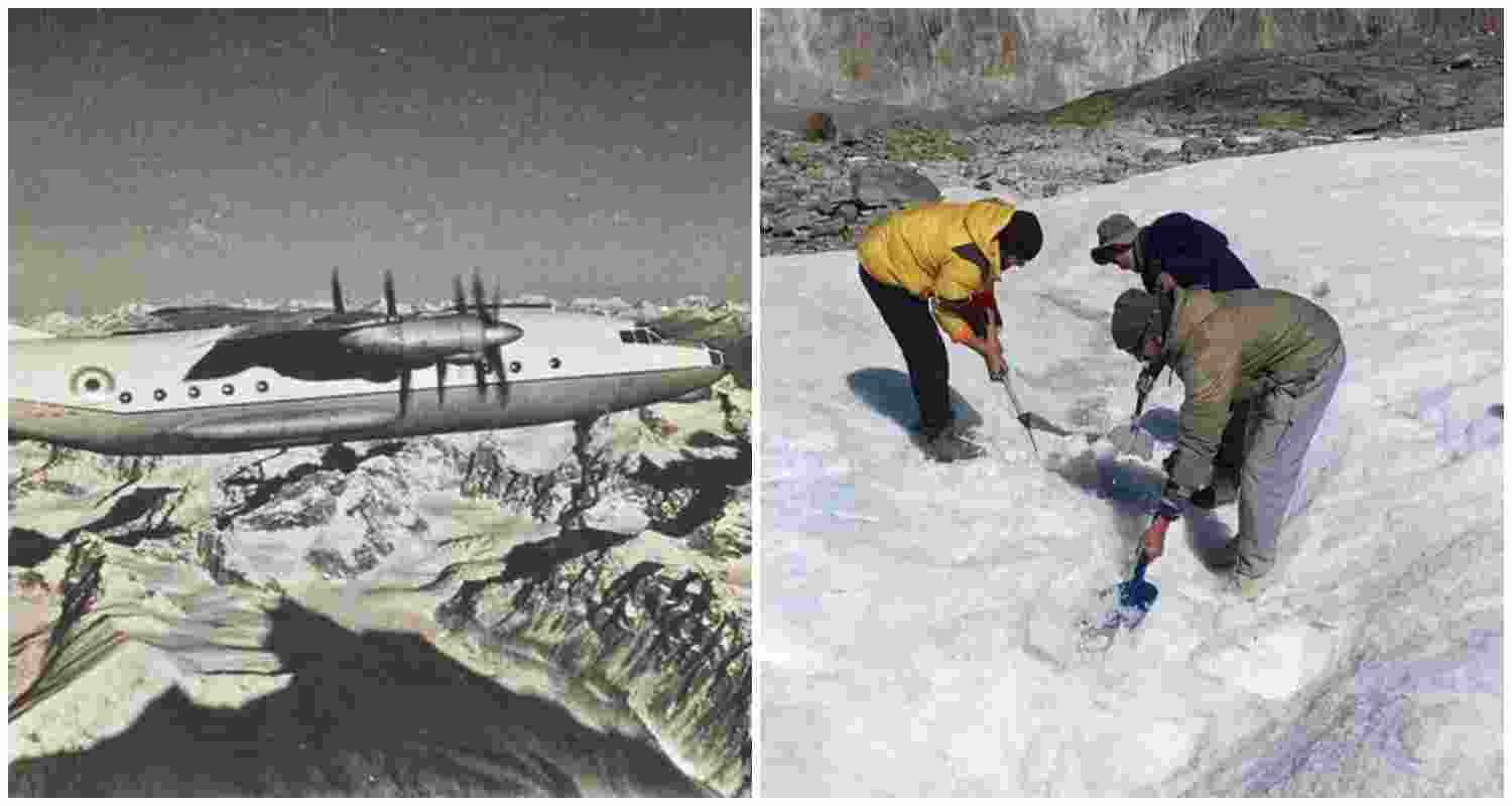 An Indian Air Force An-12 flying over the Himalayas. Personnel from the joint team of Indian Army's Dogra Scouts and representatives of Tiranga Mountain Rescue during a search and rescue mission on Tuesday, October 1, to recover the remains of personnel from the ill-fated Indian Air Force (IAF) AN-12 aircraft, which crashed on Rohtang Pass in 1968. 