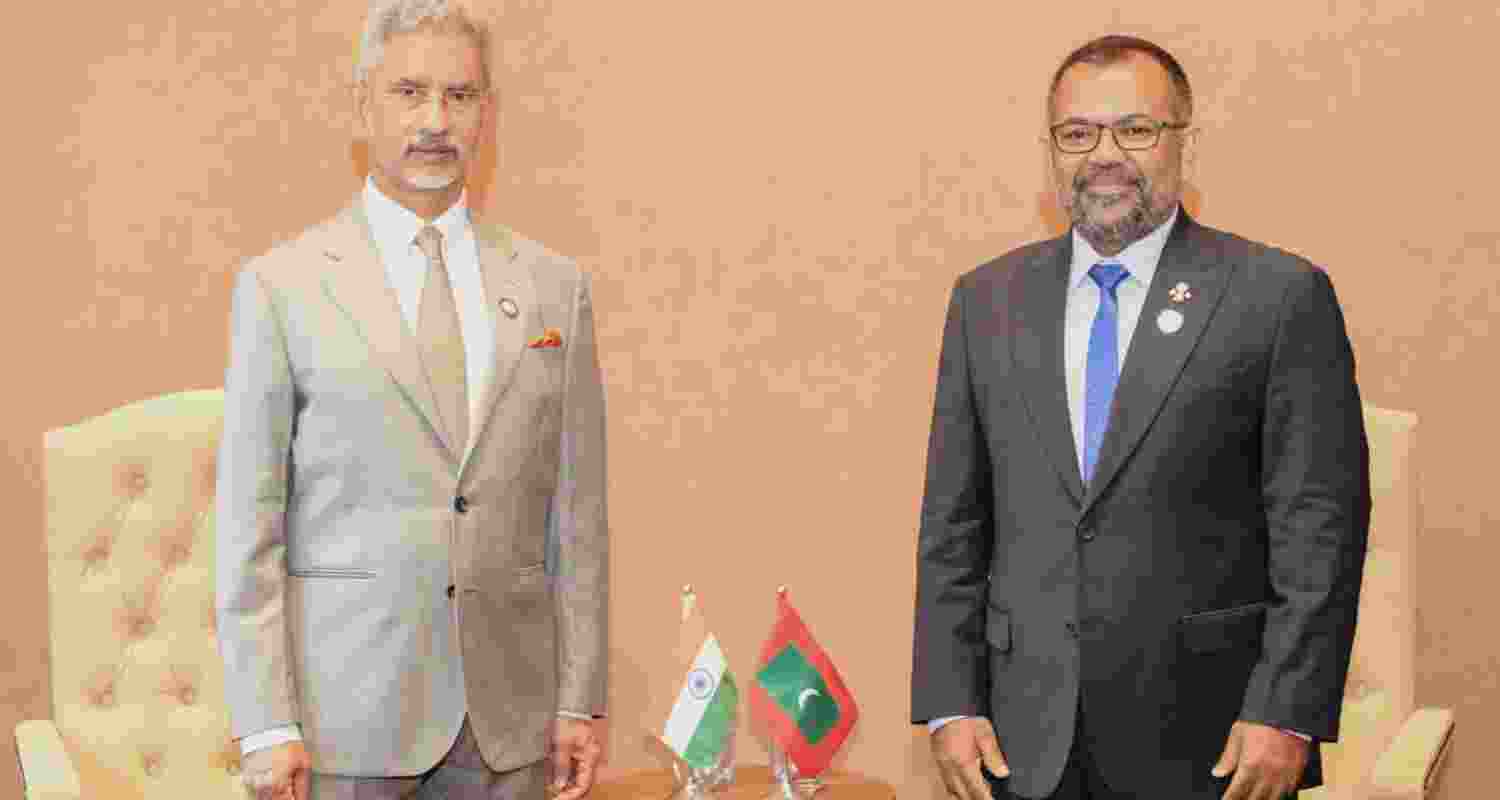 External Affairs Minister S Jaishankar and Maldives Foreign Minister Moosa Zameer during a meeting, in Kampala.