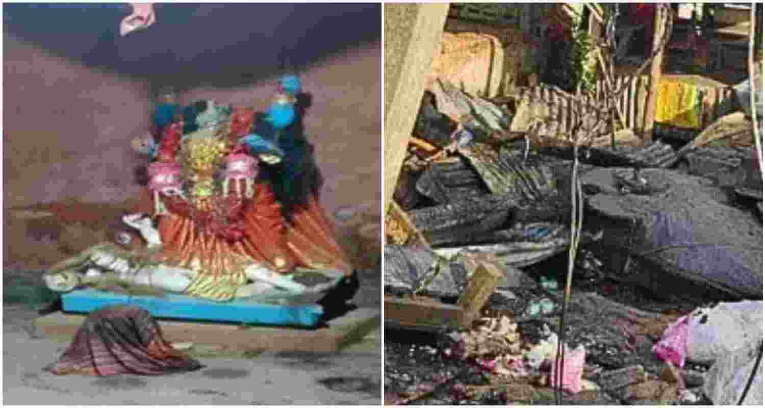 The damaged idol of Goddess Kali in Tripura's Ranirbazar, where tensions flared and homes were set alight in response (L). Image for representative use. 