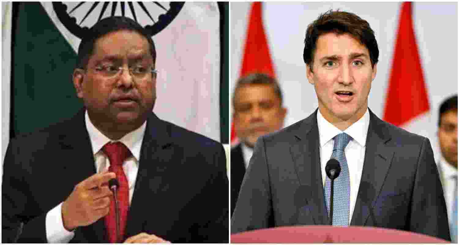 External Affairs Ministry spokesperson Randhir Jaiswal (L), Prime Minister of Canada Justin Trudeau (R).