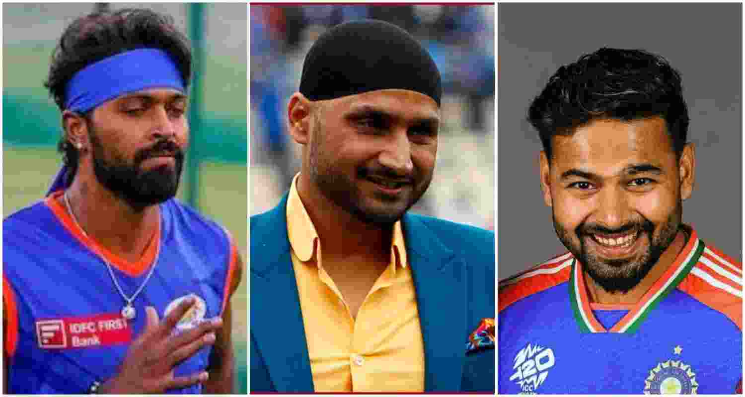 Indian allrounder Hardik Pandya (L), Former off-spinner Harbhajan Singh (C), Indian wicket-keeper Rishabh Pant (R).