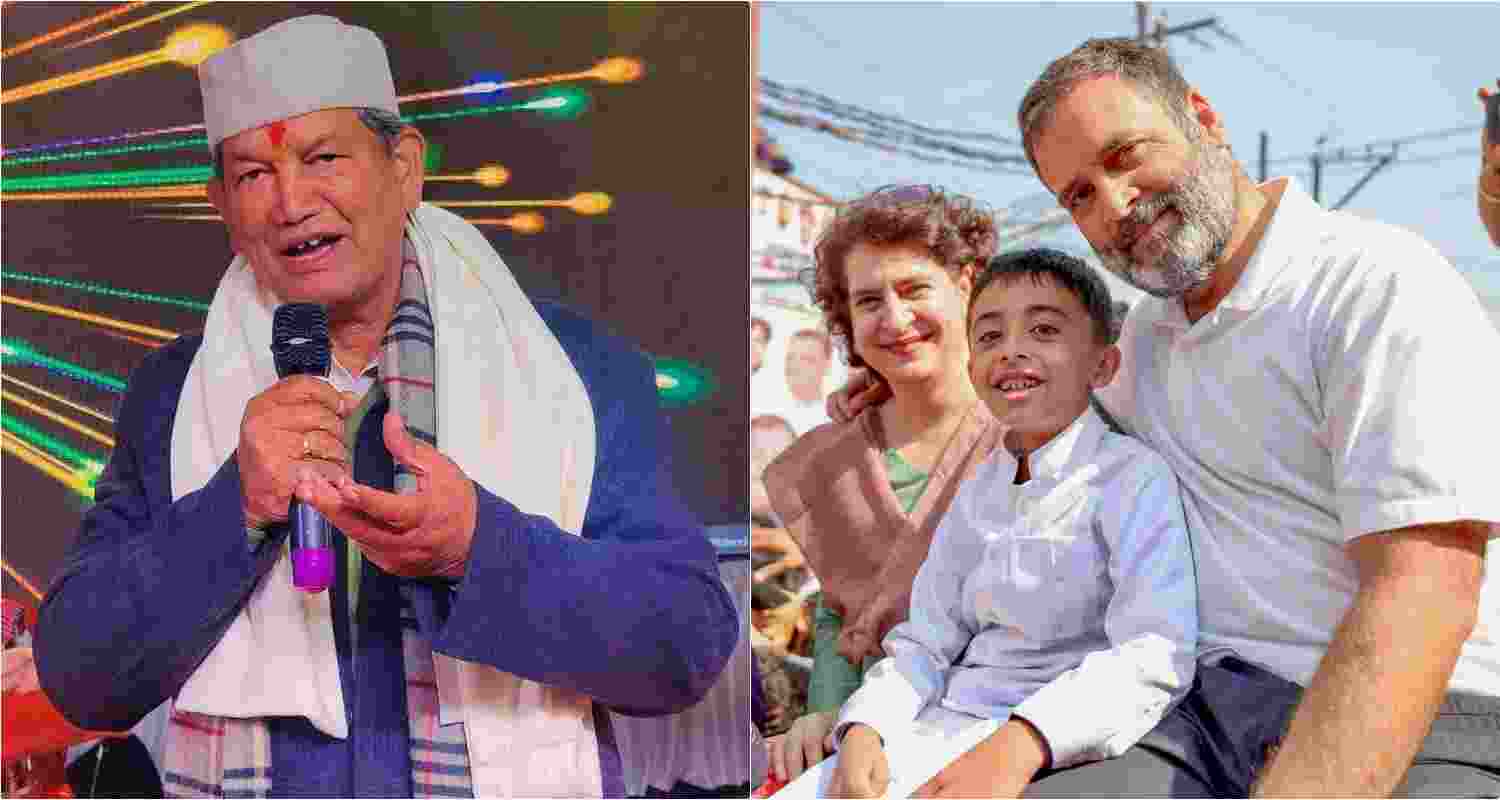 Former Uttarakhand Chief Minister Harish Rawat (left). Congress leaders Rahul Gandhi and Priyanka Gandhi during the Bharat Jodo Nyay Yatra, in Moradabad on Saturday. 