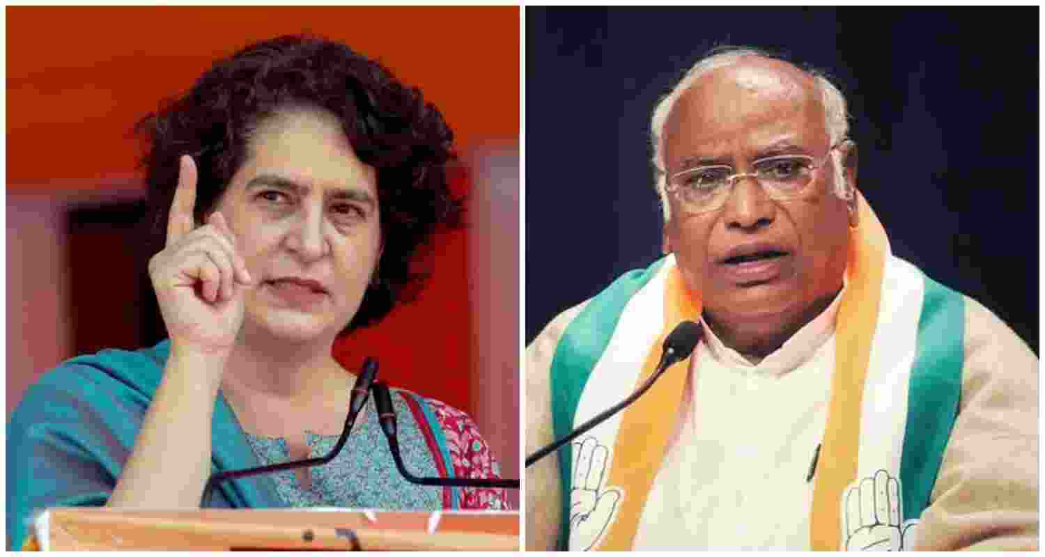 Congress leader Priyanka Gandhi Vadra (L), Congress President Mallikarjun Kharge (R).