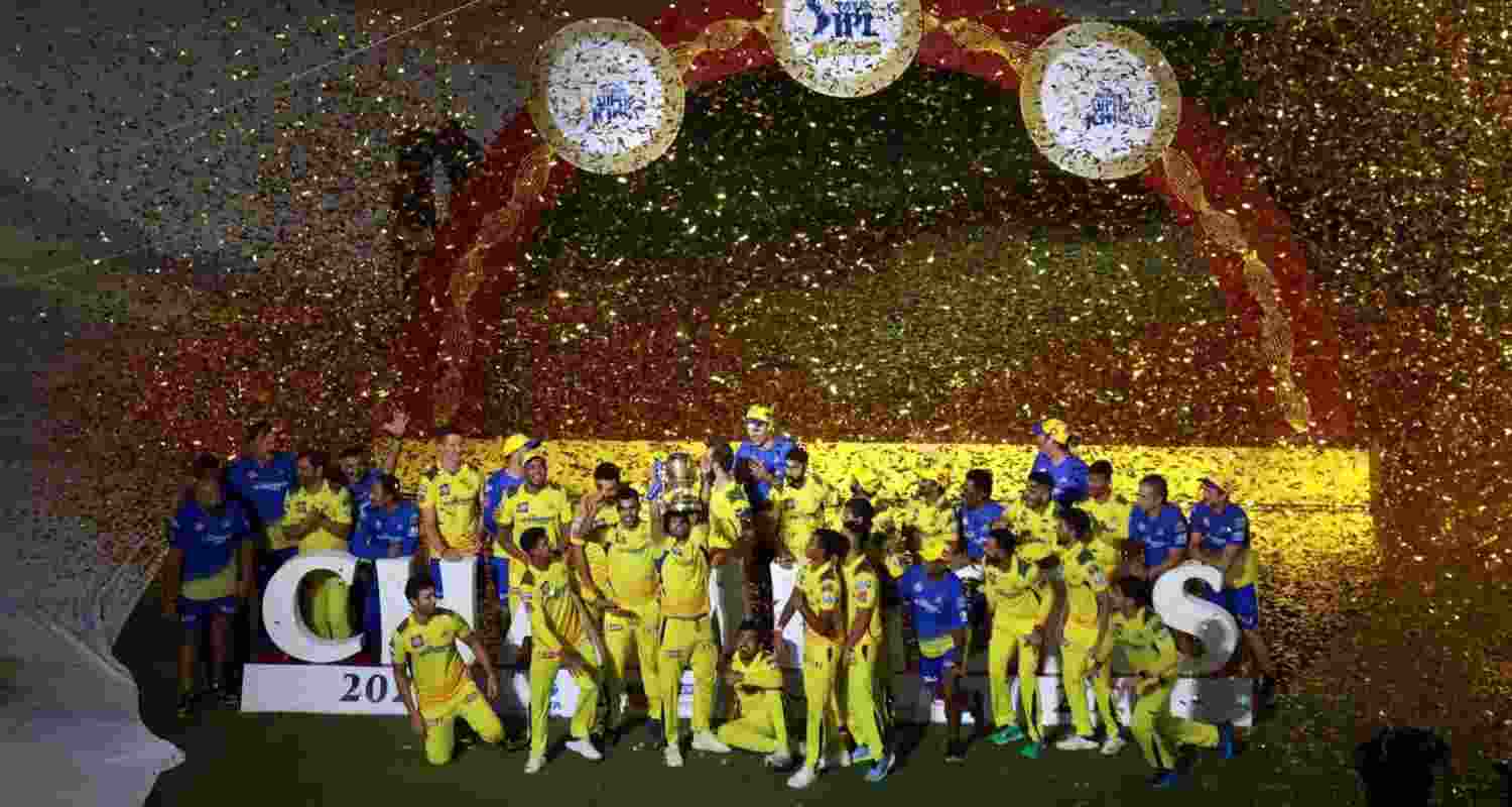 Chennai Super Kings celebrating victory in the 2023 IPL final against Gujarat Titans