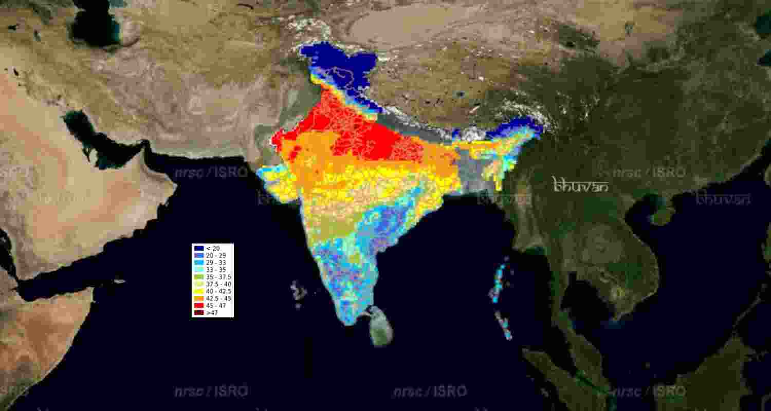 Temperature-based heat mapping by ISRO's remote sensing satellites.
