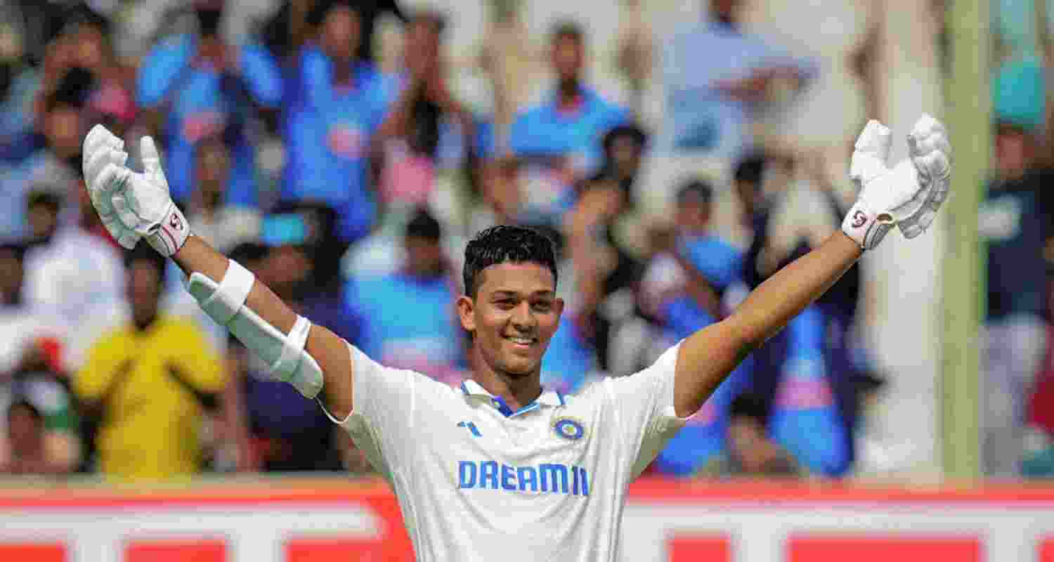 India's Yashasvi Jaiswal celebrates after scoring double century on the second day of the second cricket test match between India and England, at Dr. Y.S. Rajasekhara Reddy ACA-VDCA Cricket Stadium, in Visakhapatnam on Saturday.