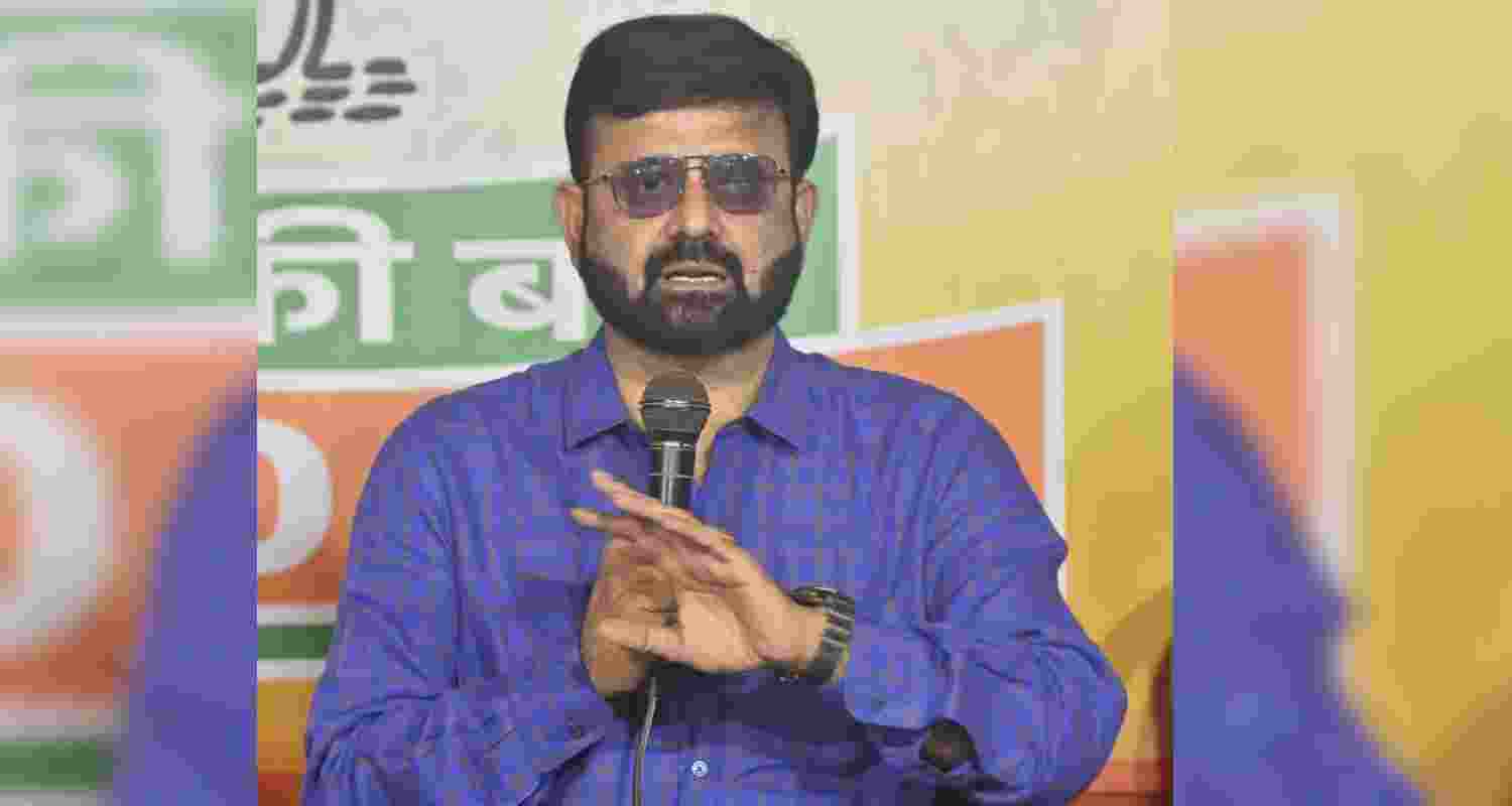 State BJP Spokesperson Pratul Nath Shahdev addressing media persons during a press conference in Ranchi on Friday