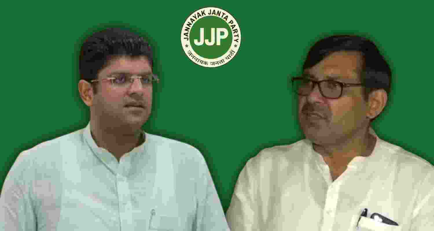 JJP party leader Dushyant Chautala (left), Devender Singh Babli (right). 