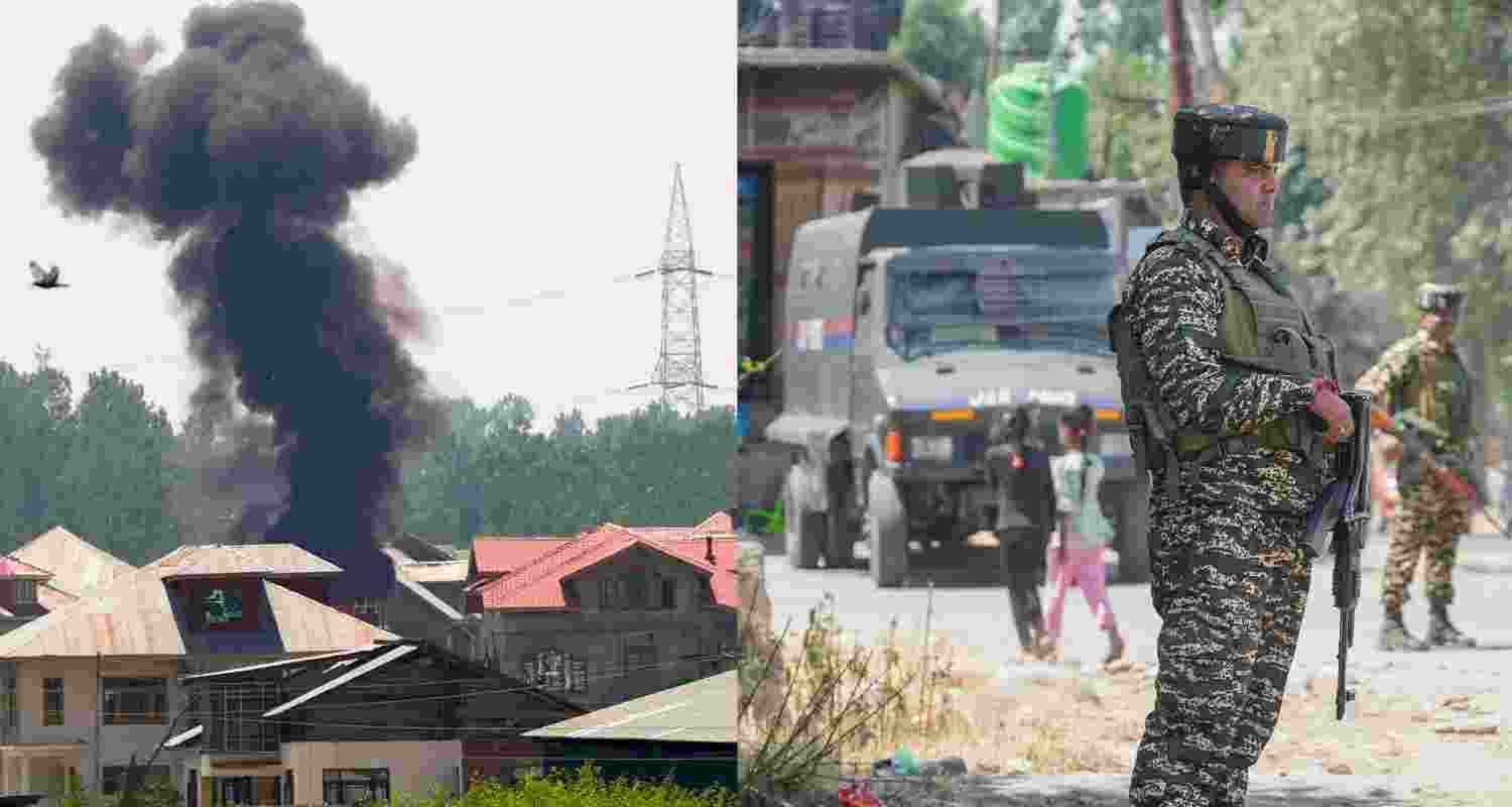 Smoke billows out from a house during an encounter between security forces and militants, in Pulwama district (left), and CRPF personnel stand guard during the encounter (right). 