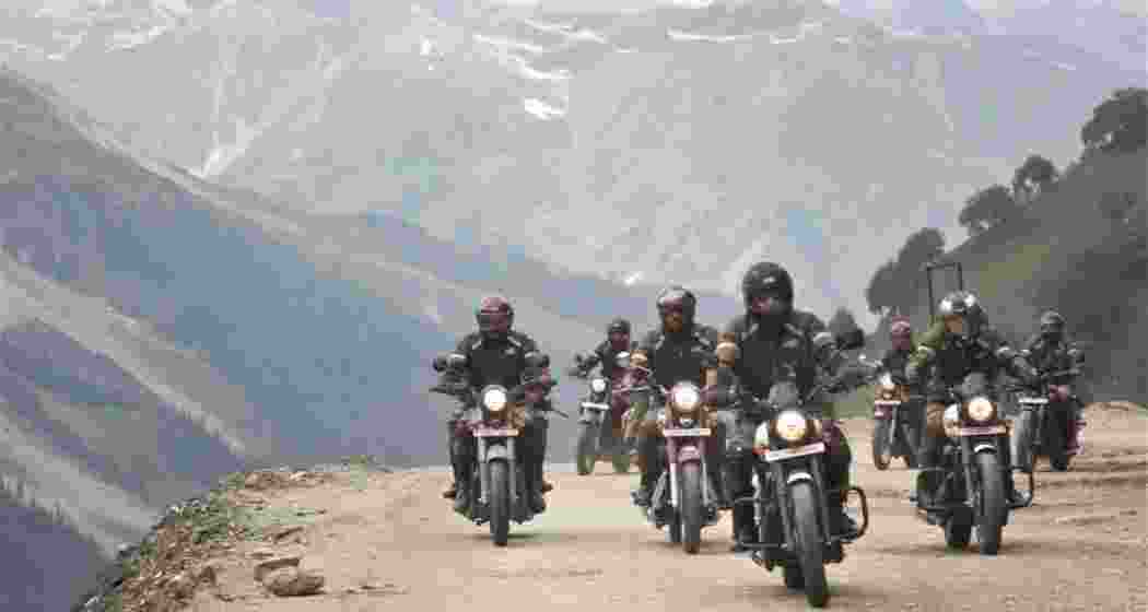 Motorcycle riders navigate rough and hilly terrains in Jammu and Kashmir, commemorating the 22nd anniversary of Kargil Vijay Diwas in 2021. File photo.