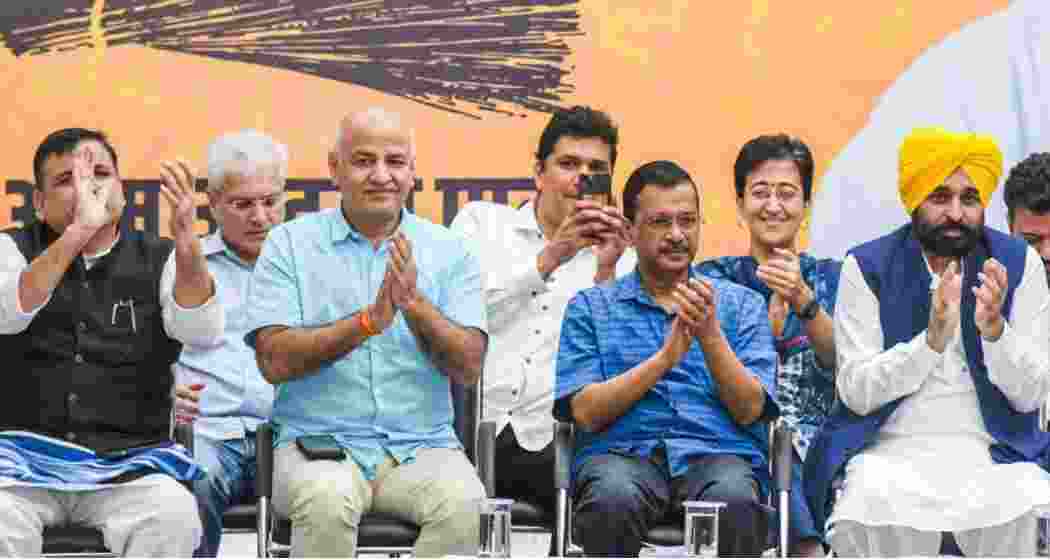 AAP Chief Arvind Kejriwal along with senior party leaders following his release from the Tihar jail in New Delhi.