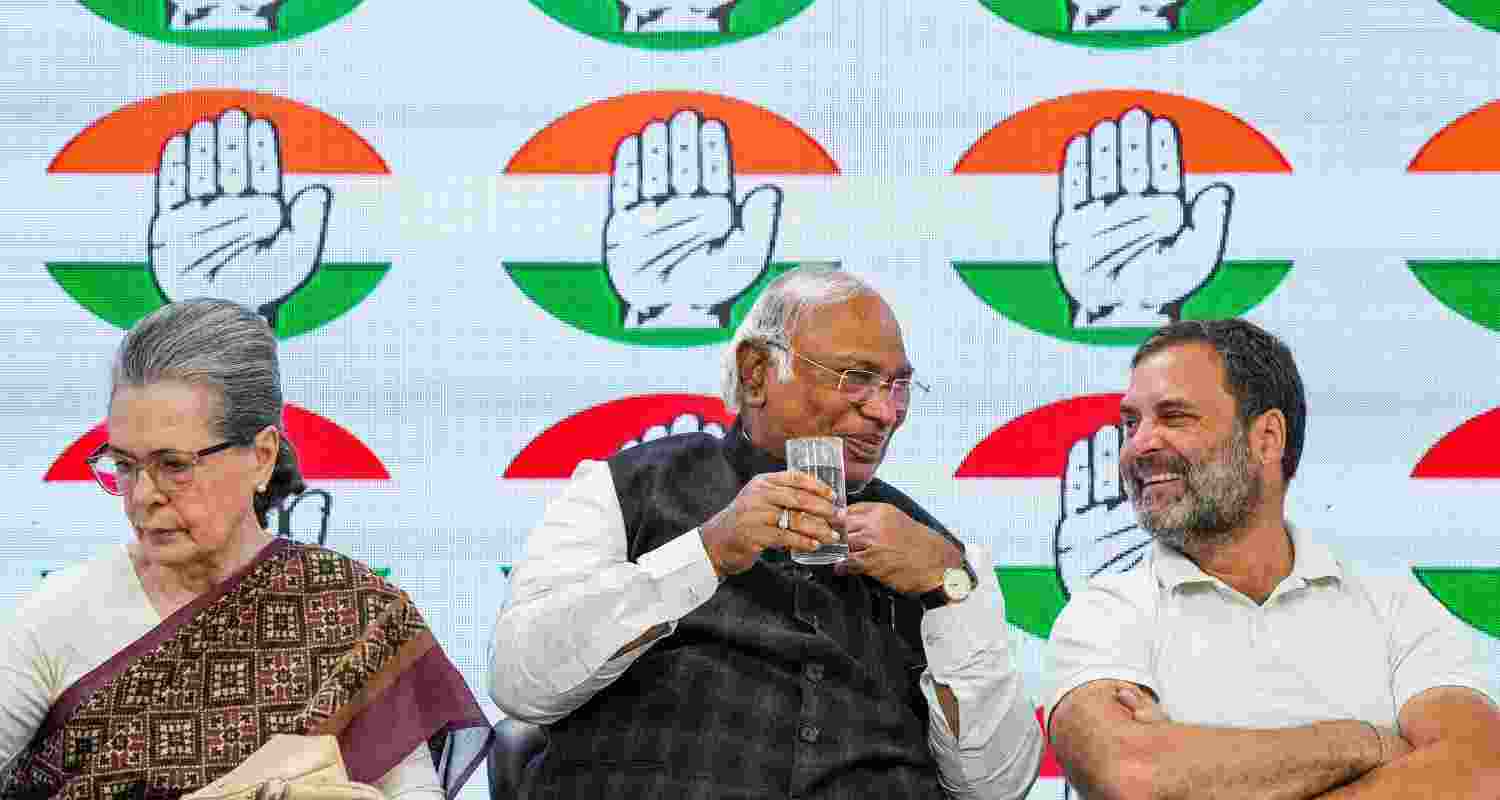 Congress chief Mallikarjun Kharge, Sonia Gandhi and  Rahul Gandhi.