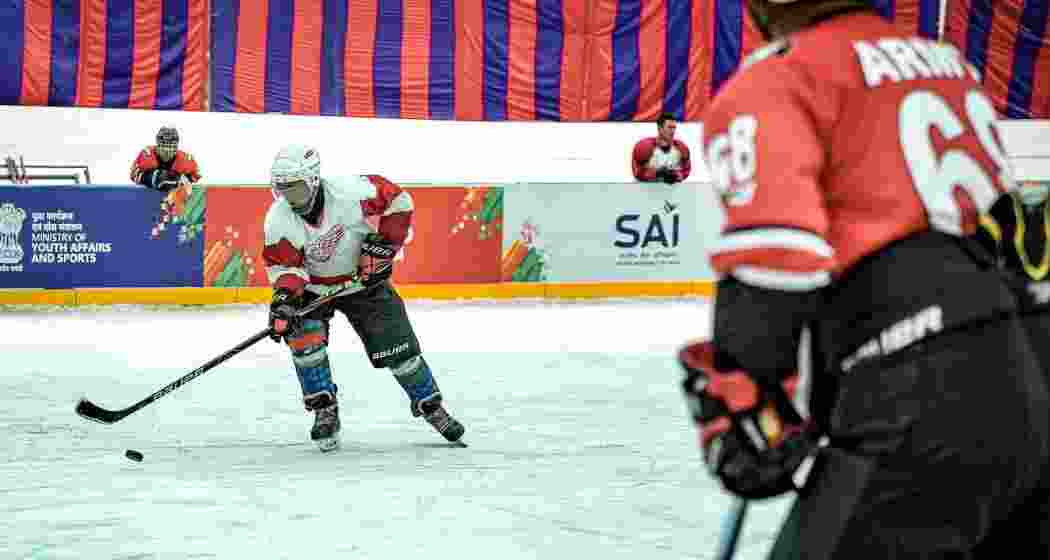 Ice hockey players in action during the Khelo India Winter Games, 2024.