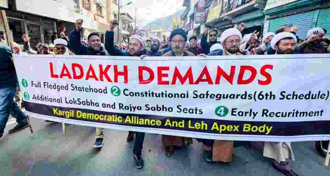 Locals in ladakh walk in a rally against the central government's recent decision to maintain Ladakh as a Union Territory without legislation. 
