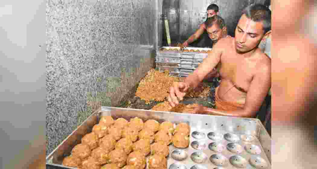 The Tirupati laddu (prasadam) being made.