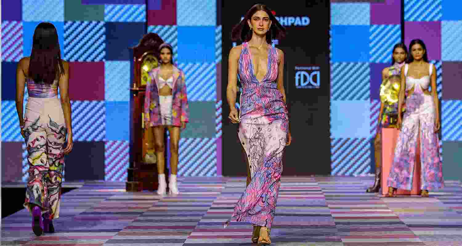 Models walk the ramp presenting the creations of the students of Inter National Institute of Fashion Design (INIFD) during the Fashion Design Council of India (FDCI) X Lakme Fashion Week (LFW), in Mumbai.