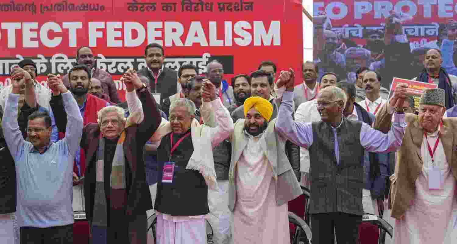 Delhi Chief Minister Arvind Kejriwal, Kerala Chief Minister Pinarayi Vijayan, Punjab Chief Minister Bhagwant Mann, Jammu and Kashmir National Conference President Farooq Abdullah, Communist Party of India (CPI) General Secretary D Raja, CPI(M) General Secretary Sitaram Yechury and others during LDF's protest against the BJP-led Centre over alleged neglect and partiality in allocation of funds to their states, at Jantar Mantar, in New Delhi on Thursday.
