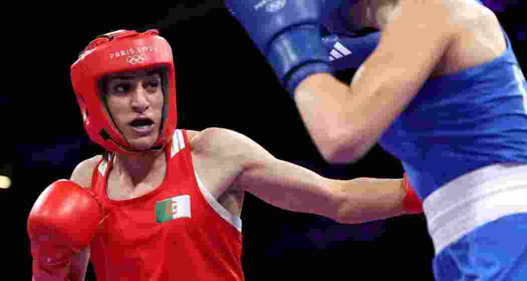 Imane Khelif of Algeria in action against Italian boxer Angela Carini in the women's 66kg category pre-quarter-finals at the Paris Olympics 2024.