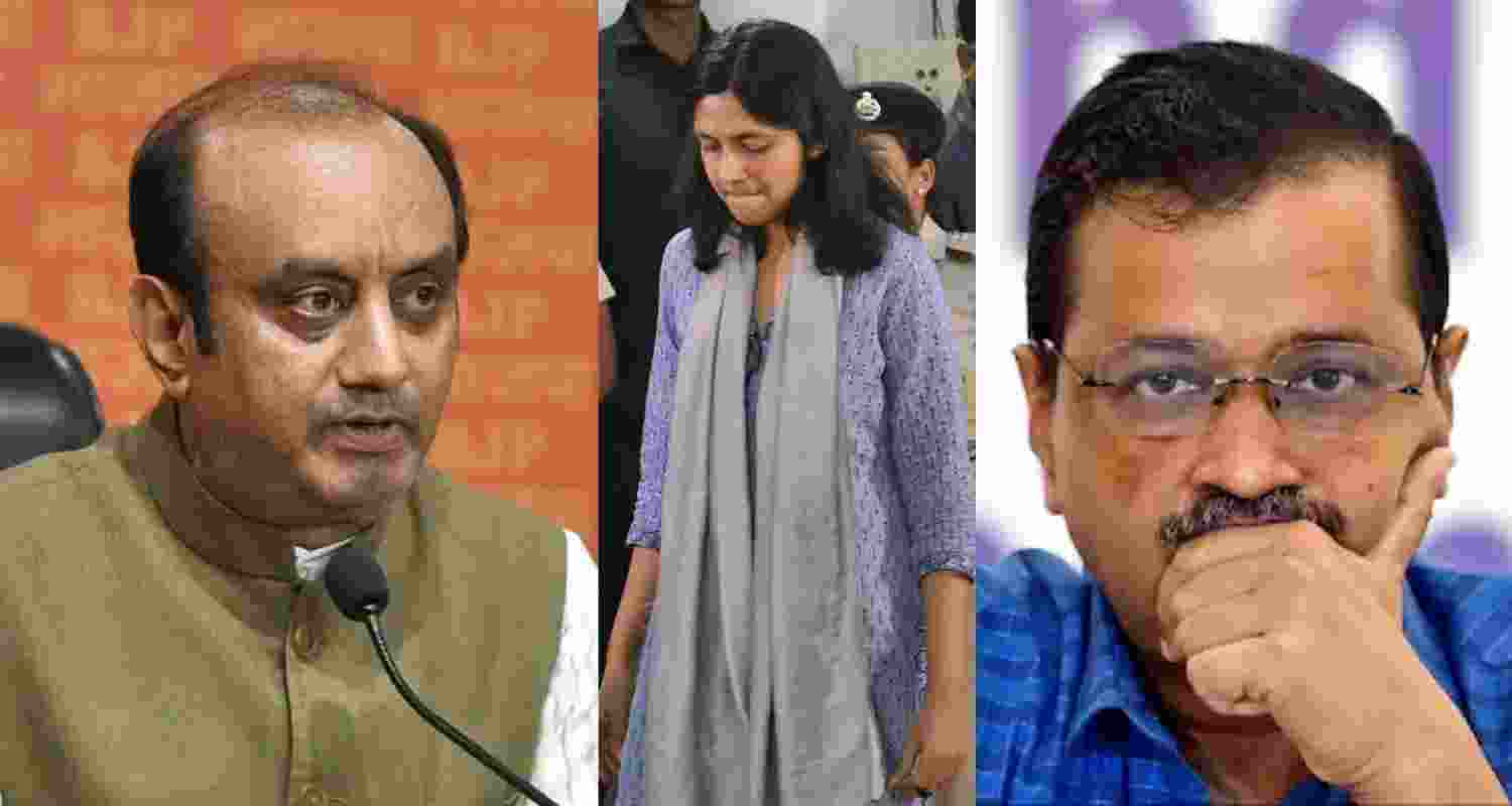 BJP national spokesperson Sudhanshu Trivedi (left), Swati Maliwal (centre), and Arvind Kejriwal (right). 