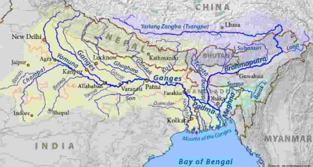 Rivers flowing from the Himalayas to the Bay of Bengal.