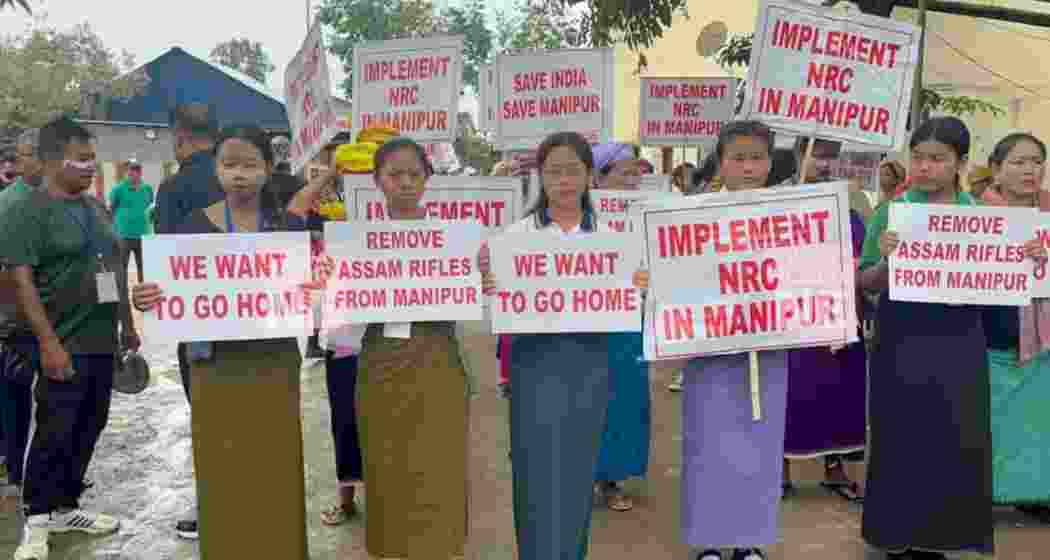 Internally displaced persons demonstrate in Imphal East, demanding rehabilitation and an end to ethnic violence in Manipur.